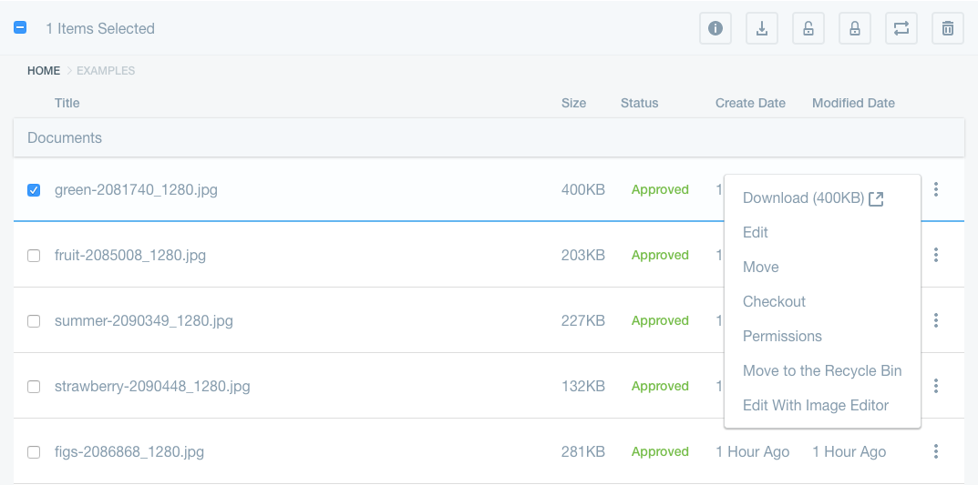 individual actions displayed both in management bar and from actions menu