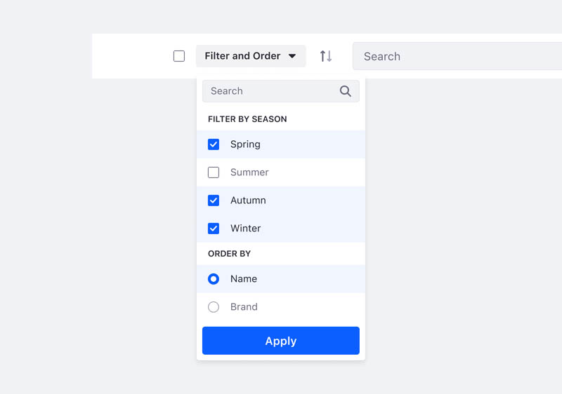 Filter and order dropdown at managment toolbar where the primary action is Apply
