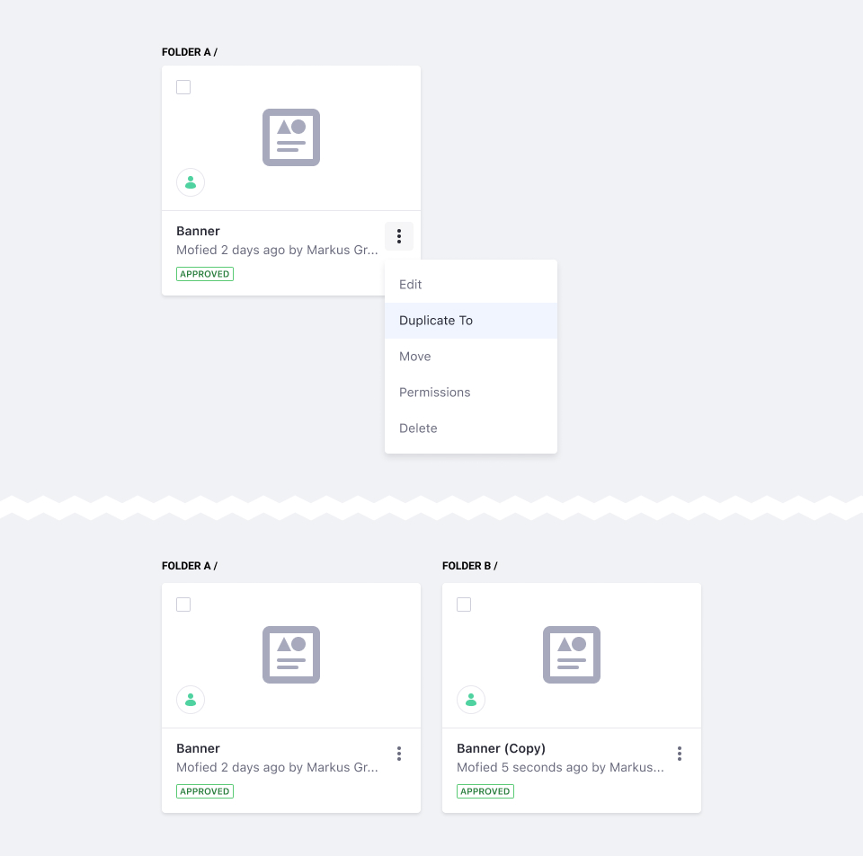 An asset is going to be duplicated to a different folder. The duplicated asset title reads Name (Copy)