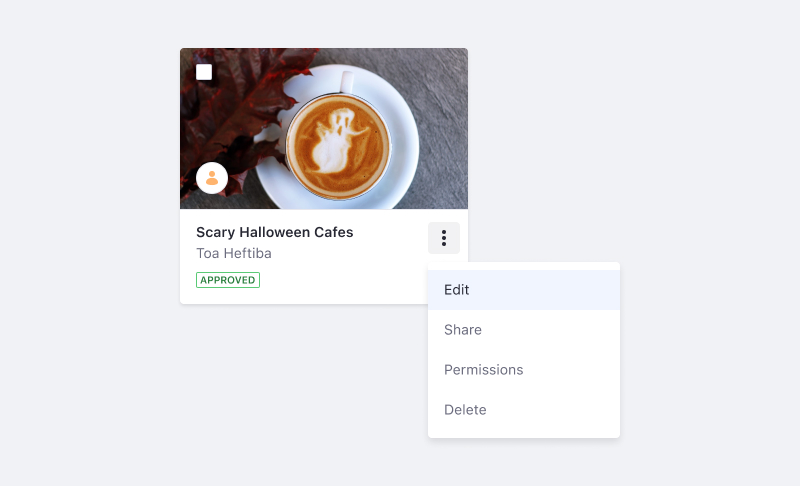 Card with its dropdown menu displayed where the first action is Edit