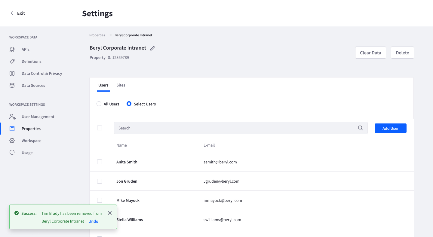 Same scenario as the previous image but the element has been removed from the list and a success alert with an undo action notifies the action that took place
