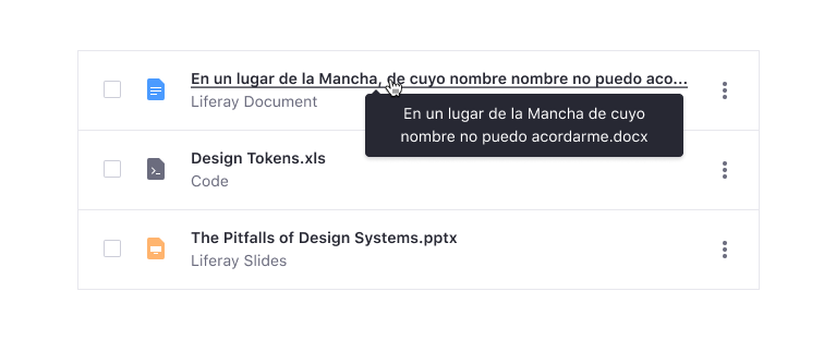 3 Document items. One of them has its title truncated showing a tooltip with the full text.