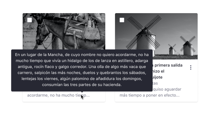 2 Card items. One of them has its description truncated showing a tooltip with the full text covering the next card.