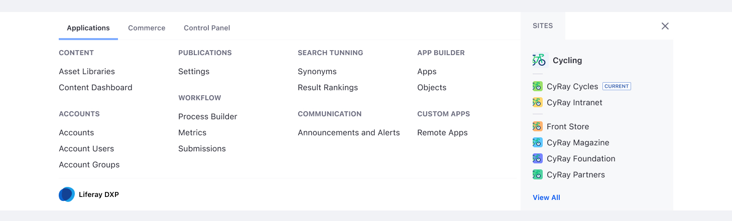 Global Menu, applications tab selected