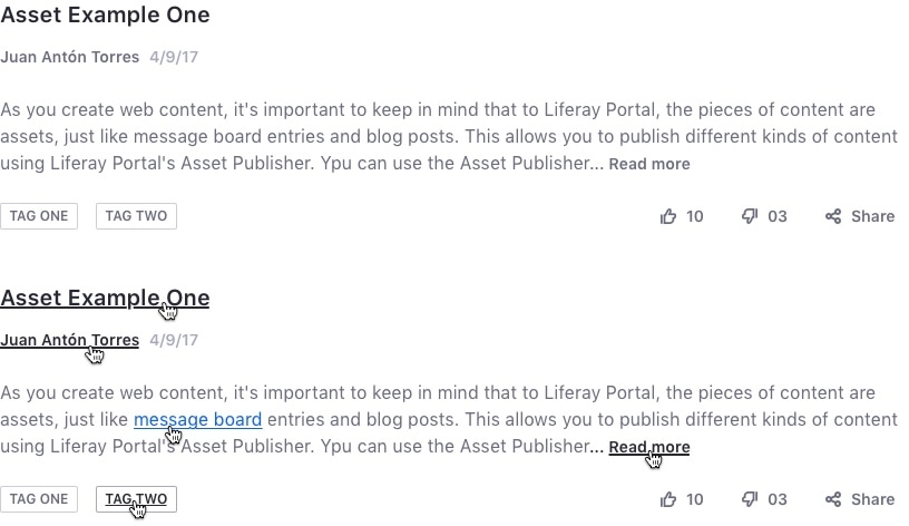 link example in asset context with several pointers on hover