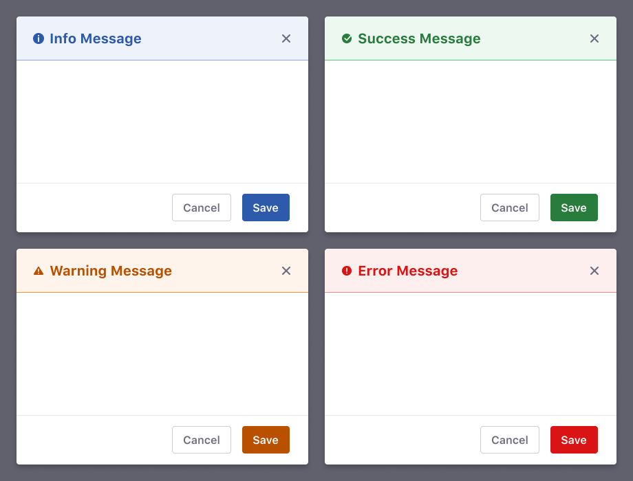 info, success, warning, error modal configurations in headers