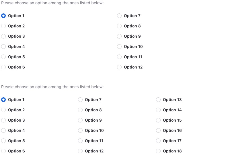 radio group example with 2 columns, 6 elements per column and radio group example with 3 columns, 6 elements per column