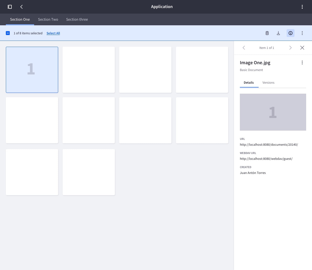 SideBar Example for Documents and Media, versions tab selected