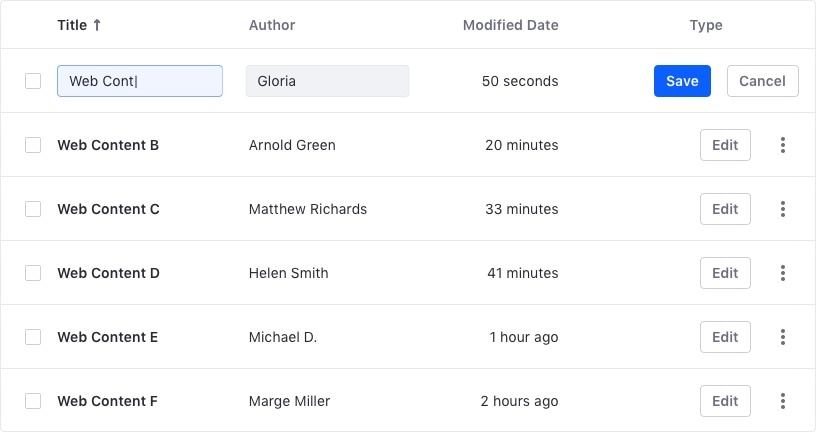 table inline edition with first row in edition mode and first field on focus