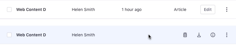 first, table view row default with a button at the end, second, table view row hover. An action is hovered by quick actions. Incorrect.