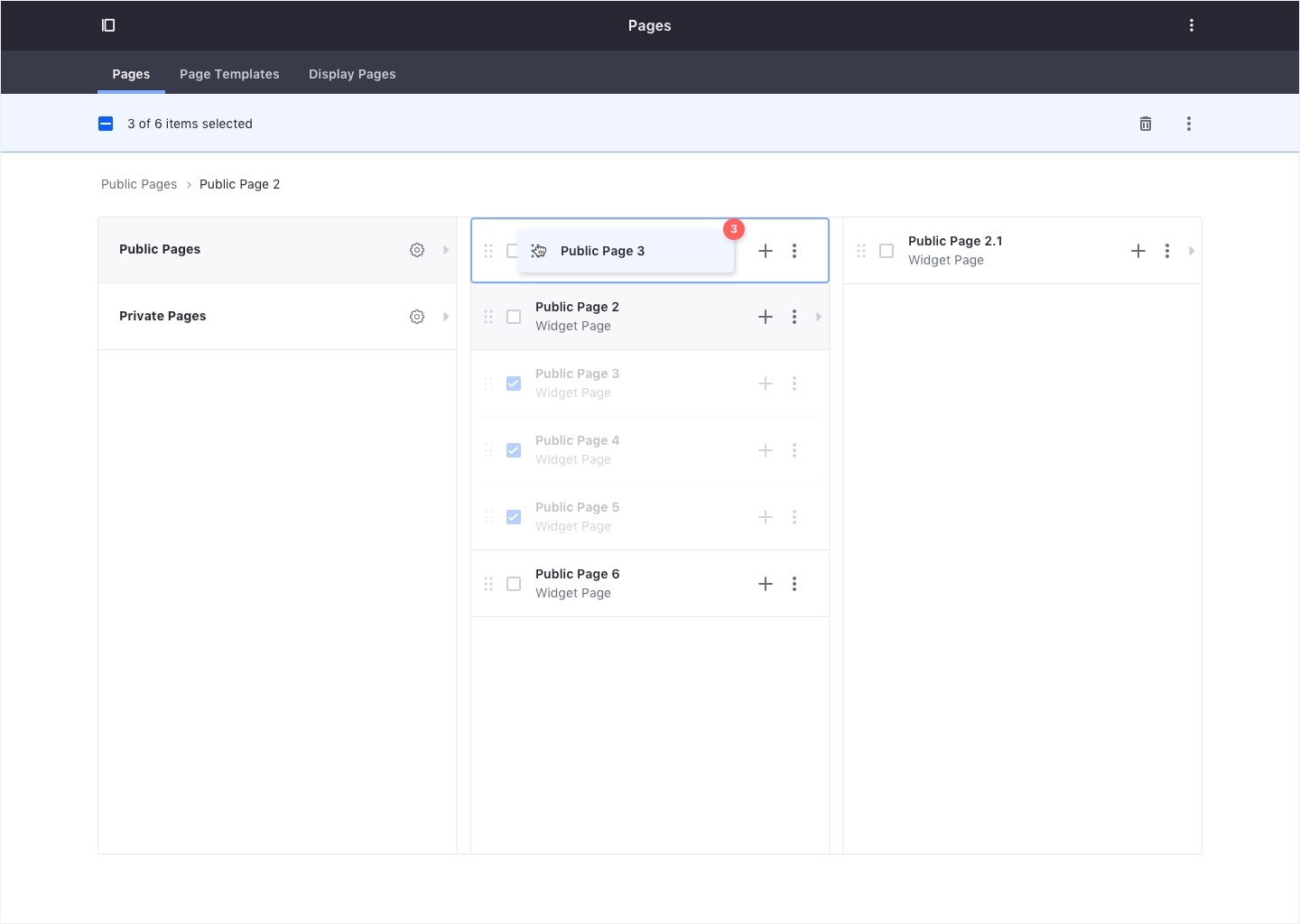 Page distribution example done with miller columns