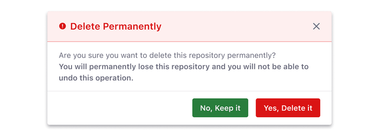 modal for status message with action-based color button and a secondary button Don't