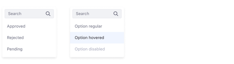 left: dropdown menu with search example. Right: dropdown menu with search states