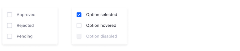 left: dropdown menu with a list of checkbox example. Right: dropdown menu with a list of checkbox states
