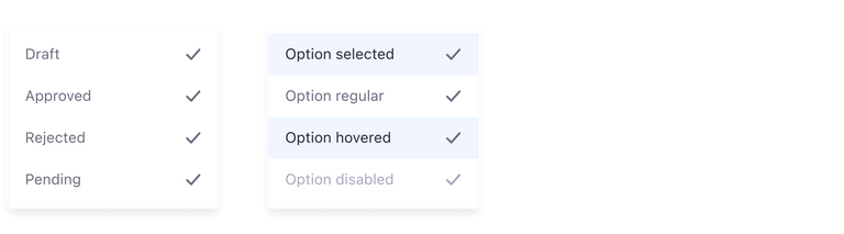left: dropdown menu with icons to the right example. right: dropdown menu with icons to the right states